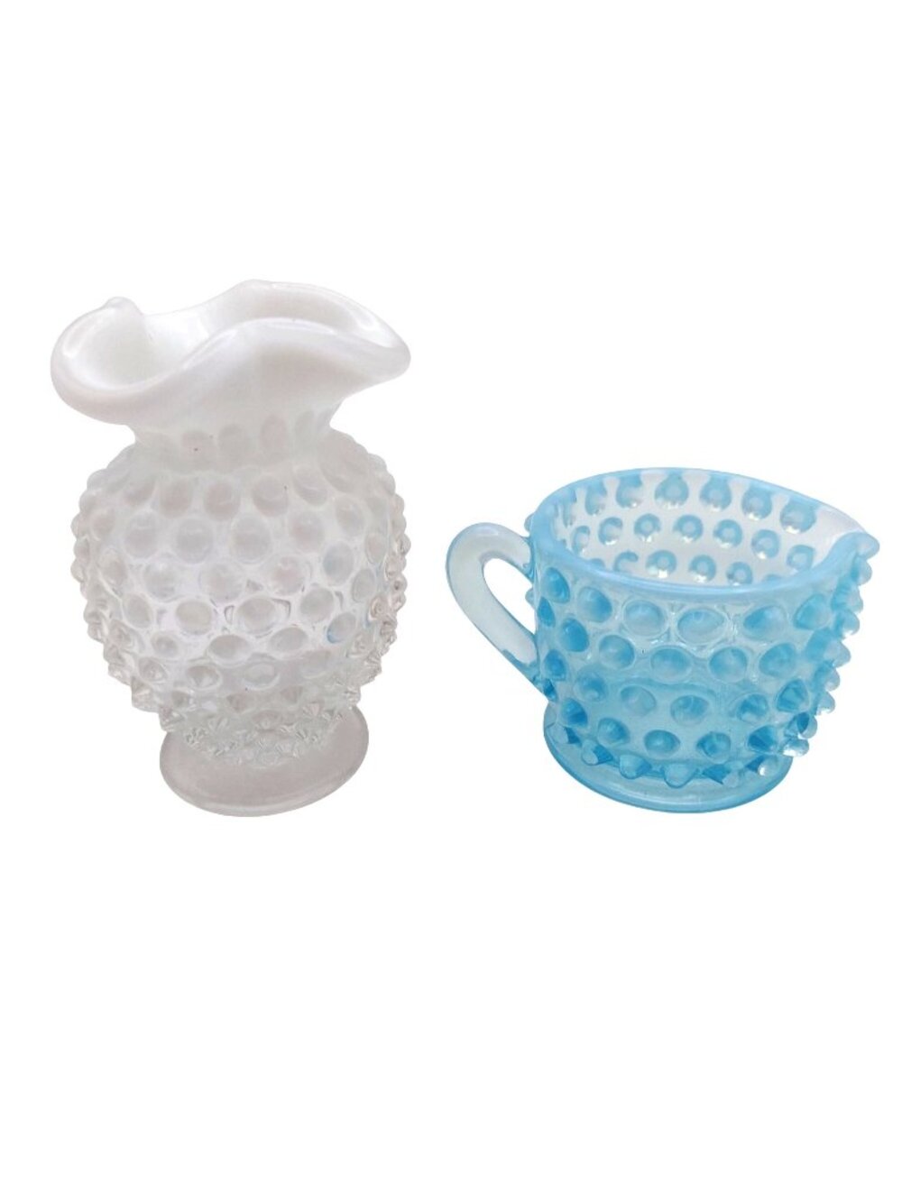 Fenton Glass Opalescent Set of 2 Hobnail white vase & Blue Creamer MCM Vintage